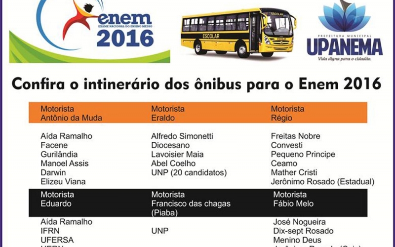 Prefeitura vai disponibilizar transporte gratuito para mais de 300 candidatos do Enem
