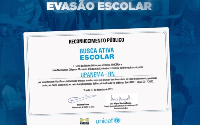 Upanema recebe reconhecimento público do Unicef por reduzir exclusão escolar