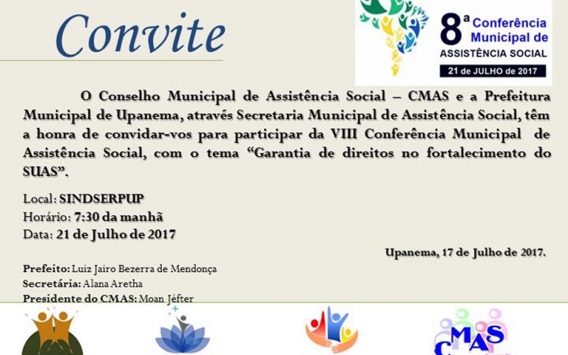 Prefeitura de Upanema realiza 8ª Conferência Municipal de Assistência Social na próxima sexta-feira (21)