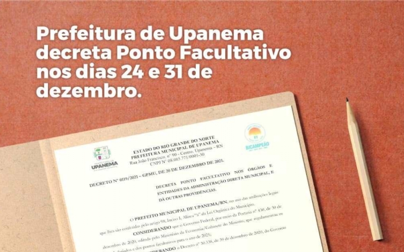 Prefeitura de Upanema decreta ponto facultativo nos dia 24 e 31 de dezembro