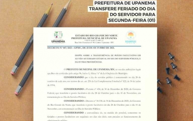 Prefeitura de Upanema transfere feriado do Dia do Servidor para segunda-feira (01)
