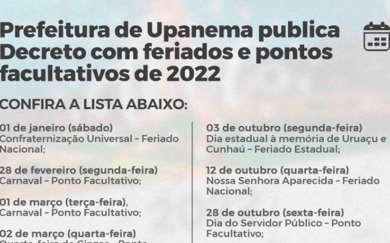 Prefeitura de Upanema publica Decreto com feriados e pontos facultativos de 2022